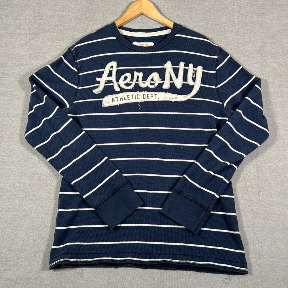 Aeropostale Aero NY Athletic Dept Thermal Waffle Shirt Mens Large Blue Striped